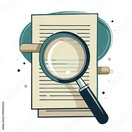 Document with magnifying glass on abstract background, blue and beige tones