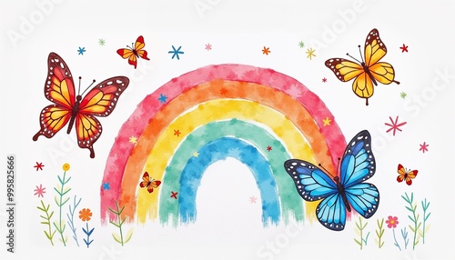 Colorful watercolor rainbow with butterflies and flowers on a white background for kids' decor