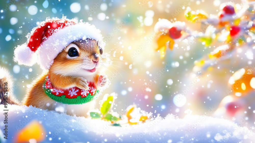 Festive Chipmunk in Winter Wonderland, a playful chipmunk wearing a Santa hat and Christmas sweater joyfully frolicking in the snow, embodying the essence of holiday cheer. Festive Chipmunk in Winter Wonderland, a playful chipmunk wearing a Santa hat and Christmas sweater joyfully frolicking in the snow, embodying the essence of holiday cheer.