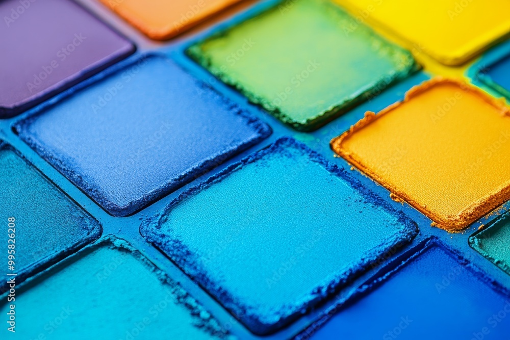 Close up of bright blue and yellow eyeshadow pans with textured surfaces representing a playful and colorful beauty arrangement perfect for artistic makeup applications Close up of bright blue and yellow eyeshadow pans with textured surfaces representing a playful and colorful beauty arrangement perfect for artistic makeup applications