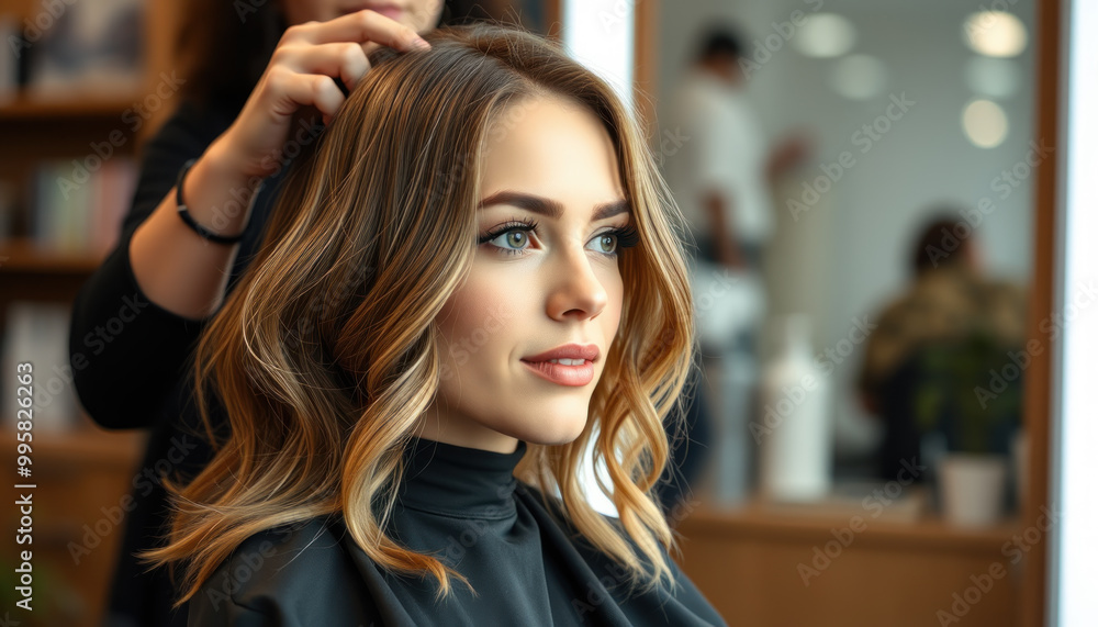 Fototapeta premium Portrait beautiful young woman hairdresser. Blonde model smiling in salon hairstylist long hair fashionable hairdo. Face with makeup, beauty, elegance, and luxury.