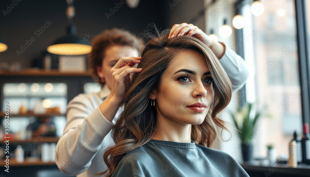 Obraz premium Young woman having hair cut in beauty salon. Hairdresser doing hairstyle beautiful girl. Professional stylist work client hairdo. Female customer smiling. Happy person care service.
