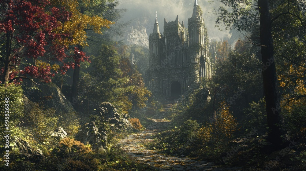 Stone Castle in a Misty Forest with an Autumnal Path Stone Castle in a Misty Forest with an Autumnal Path