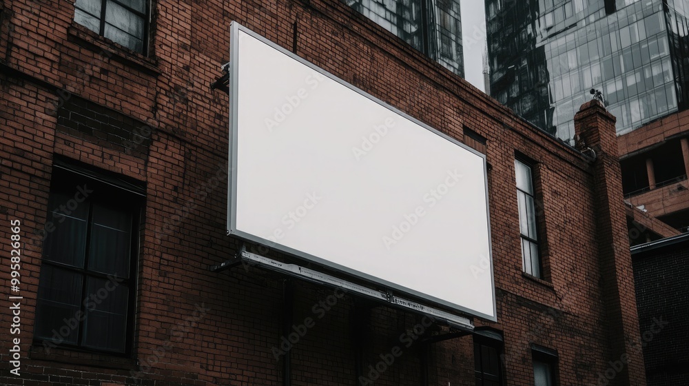 A blank billboard rests on a weathered brick building, contrasting sharply with the dark red bricks and surrounded by neighboring architecture and windows A blank billboard rests on a weathered brick building, contrasting sharply with the dark red bricks and surrounded by neighboring architecture and windows