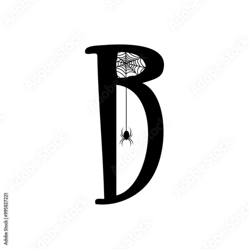 Logo con letra inicial B con tela de araña y araña colgando para tarjetas y felicitaciones de Halloween