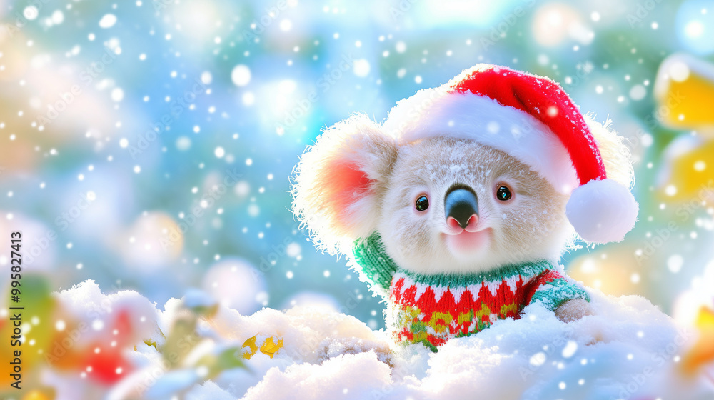 Playful Koala in Winter Wonderland, a joyful koala wearing a Santa hat and festive sweater, frolicking in the snow, embodying holiday cheer in a serene winter landscape Playful Koala in Winter Wonderland, a joyful koala wearing a Santa hat and festive sweater, frolicking in the snow, embodying holiday cheer in a serene winter landscape