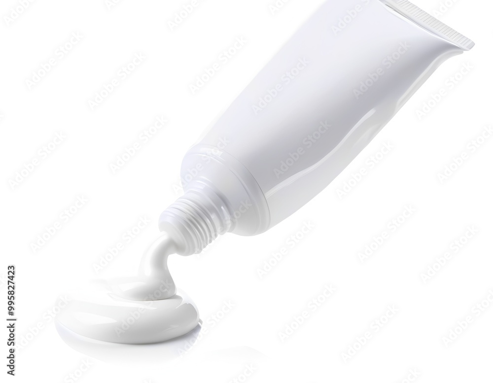 White cream is squeezed out of a round tube on a white background. White cream is squeezed out of a round tube on a white background.