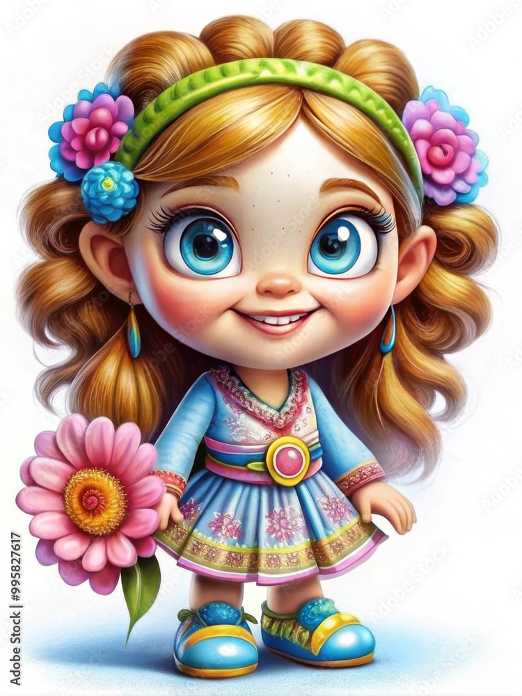 A colorful illustration of a girl in a vibrant dress adorned with flowers, holding a large pink flower in her hand. A colorful illustration of a girl in a vibrant dress adorned with flowers, holding a large pink flower in her hand.