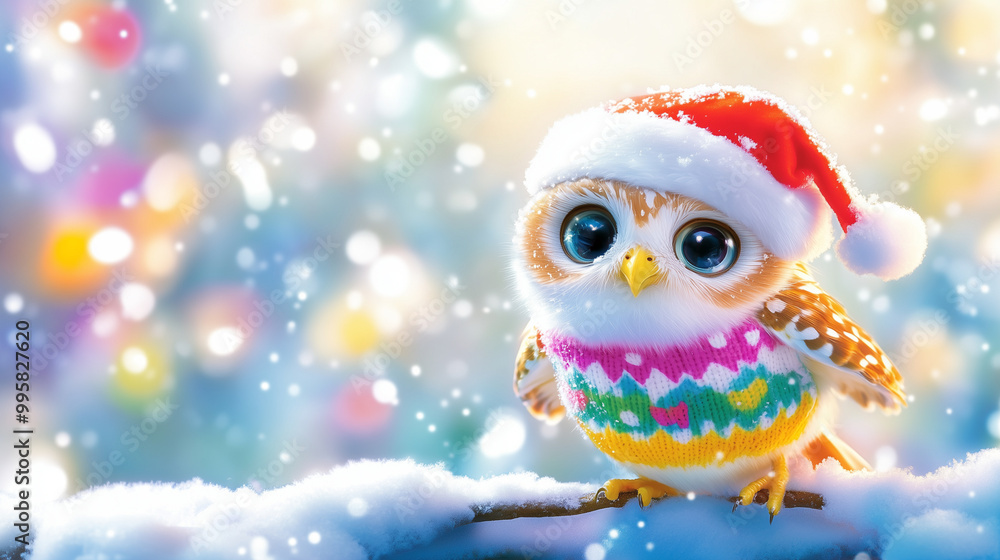 Playful Owl in Winter Wonderland, a charming little owl wearing a Santa hat and Christmas sweater, joyfully playing in the snow, embodying festive cheer in a serene winter landscape. Playful Owl in Winter Wonderland, a charming little owl wearing a Santa hat and Christmas sweater, joyfully playing in the snow, embodying festive cheer in a serene winter landscape.