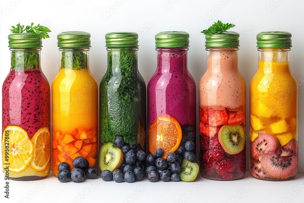 array of fresh fruit and vegetable smoothies in glass bottles each uniquely crafted with vibrant ingredients isolated on a white background radiating health and vitality array of fresh fruit and vegetable smoothies in glass bottles each uniquely crafted with vibrant ingredients isolated on a white background radiating health and vitality