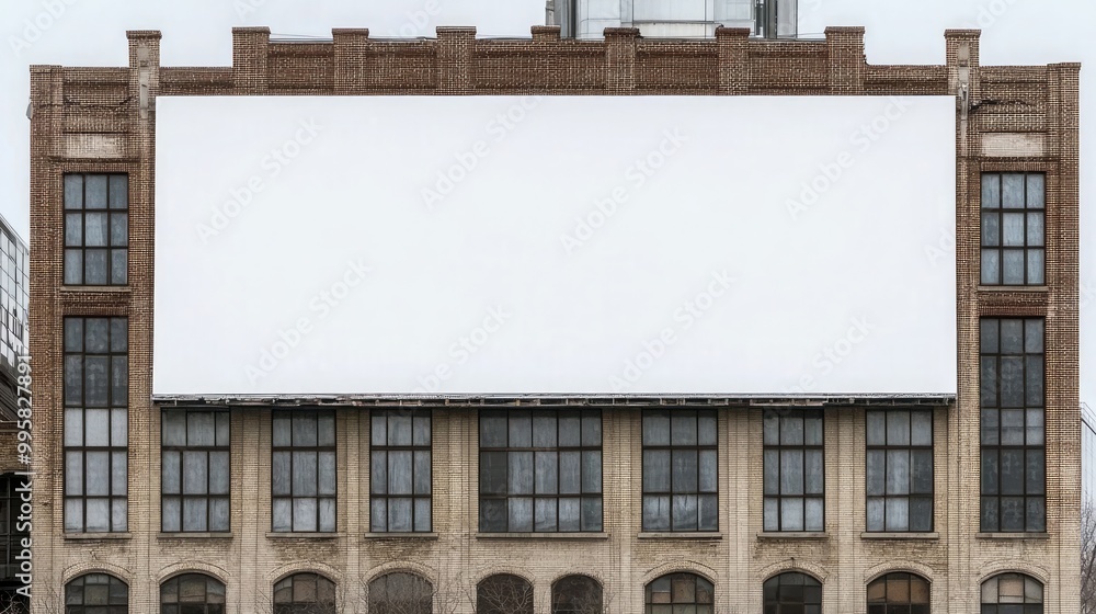 A blank billboard rests on a weathered brick building, contrasting sharply with the dark red bricks and surrounded by neighboring architecture and windows. A blank billboard rests on a weathered brick building, contrasting sharply with the dark red bricks and surrounded by neighboring architecture and windows.