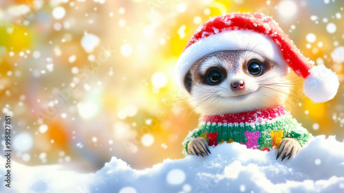 Meerkat in Santa Hat Enjoying Winter Playfulness, a cheerful meerkat adorned in festive attire, joyfully frolicking in soft snow, capturing the essence of holiday spirit in a serene winter landscape