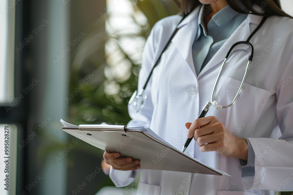 Doctor holding a clipboard while reviewing patient information in a medical facility during a routine healthcare checkup Doctor holding a clipboard while reviewing patient information in a medical facility during a routine healthcare checkup