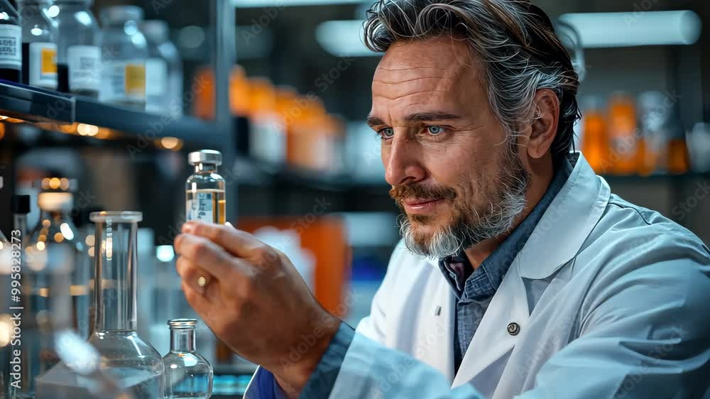 A scientist with a gray beard holding a test tube in a modern laboratory A scientist with a gray beard holding a test tube in a modern laboratory