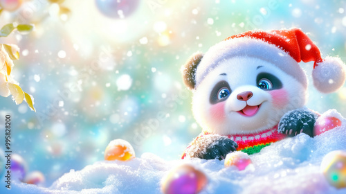 Festive Panda Winter Joy, a playful panda in a Santa hat and Christmas sweater, enjoying the snow, embodying the spirit of the holidays in a serene winter landscape.