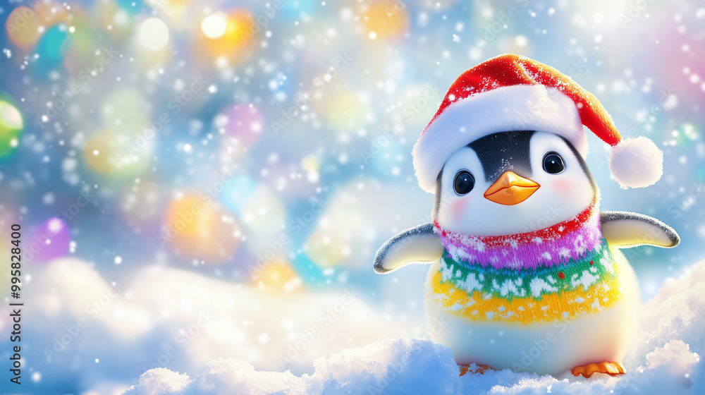 Festive Penguin Chick in Snow, a playful penguin chick wearing a Santa hat and Christmas sweater, joyfully exploring a snowy landscape, embodying winter holiday cheer. Festive Penguin Chick in Snow, a playful penguin chick wearing a Santa hat and Christmas sweater, joyfully exploring a snowy landscape, embodying winter holiday cheer.