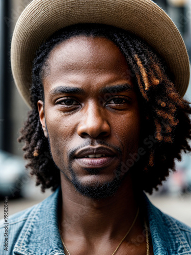 Soulful street performer's face captured in moment of musical passion, embodying urban culture and artistry. photo