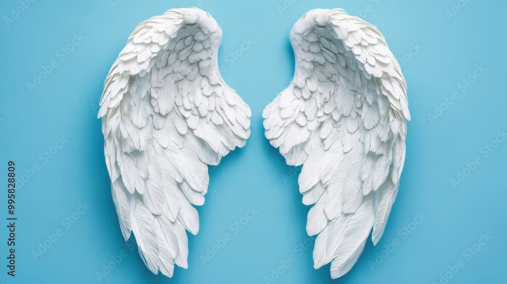 Fototapeta premium White Angel Wings Displayed Against a Serene Blue Background for Artistic Effect