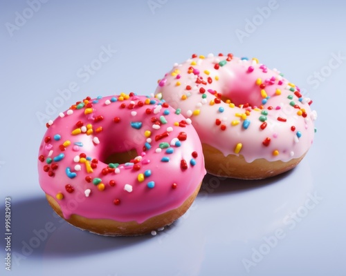 Glazed donuts with sprinkles on a blue background