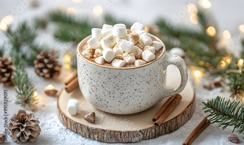 Christmas food, A cup of hot chocolate with marshmallows and cinnamon on top, Generative AI 