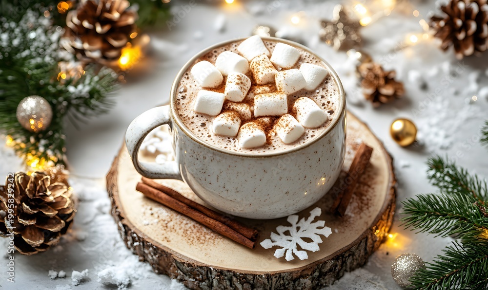 Fototapeta premium Christmas food, A cup of hot chocolate with marshmallows and cinnamon on top, Generative AI 