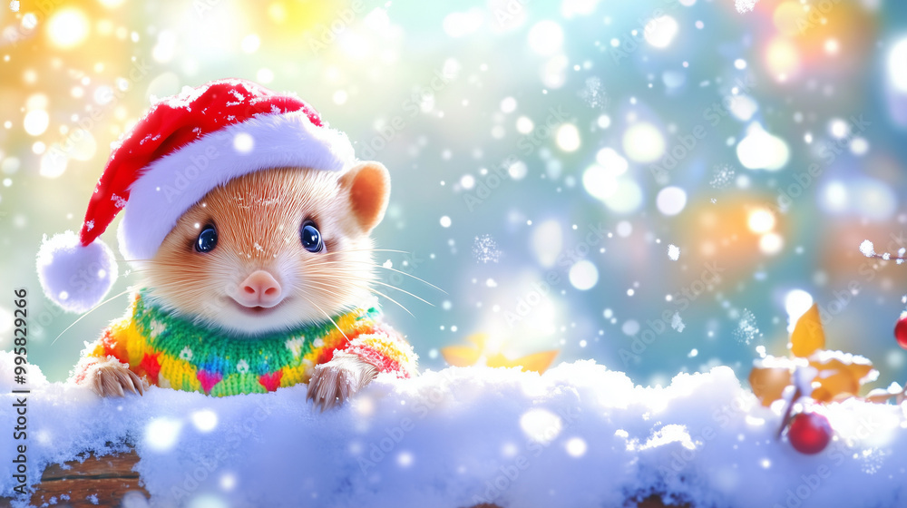 Joyful porcupine in a Christmas sweater and Santa hat, frolicking in the snow, embodying winter fun and holiday cheer in a serene snowy landscape Joyful porcupine in a Christmas sweater and Santa hat, frolicking in the snow, embodying winter fun and holiday cheer in a serene snowy landscape