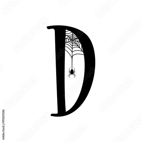 Logo con letra inicial D con tela de araña y araña colgando para tarjetas y felicitaciones de Halloween