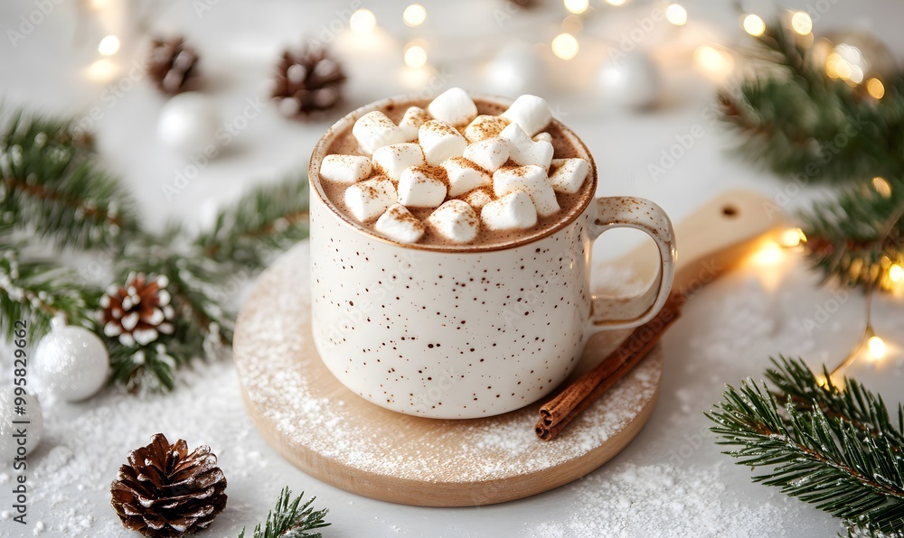 Christmas food, A cup of hot chocolate with marshmallows and cinnamon on top, Generative AI Christmas food, A cup of hot chocolate with marshmallows and cinnamon on top, Generative AI