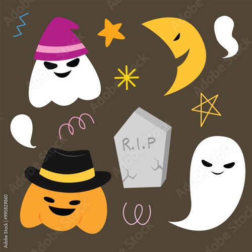 Halloween festival. element of pumpkin ghost tomb moon and star cartoon for kid celebration and illustrationwork photo