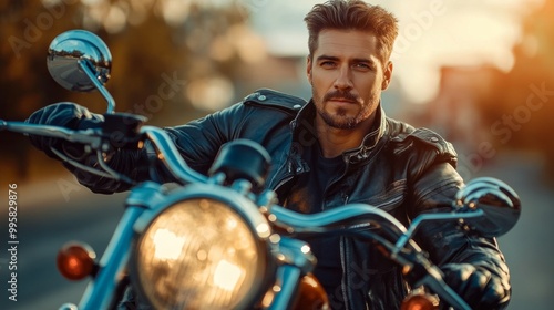 A man is riding a motorcycle with a leather jacket and a beard. He is wearing a leather jacket and gloves