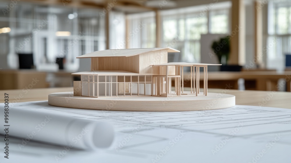 A miniature model of a contemporary house is displayed on a blueprint in an architect's office, emphasizing detailed glass and wood construction illuminated by natural light. A miniature model of a contemporary house is displayed on a blueprint in an architect's office, emphasizing detailed glass and wood construction illuminated by natural light.