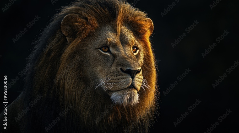 Naklejka premium Close-up portrait of a majestic lion with a golden mane against a black background.