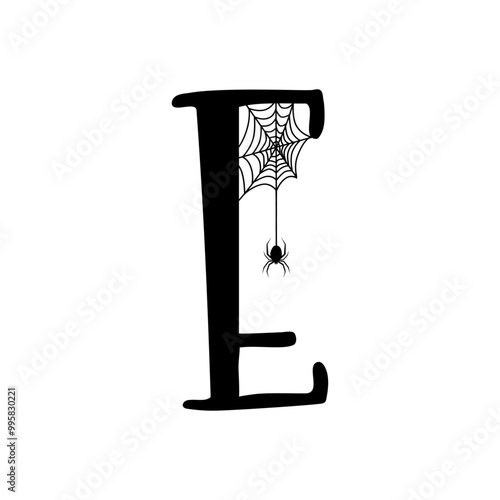 Logo con letra inicial E con tela de araña y araña colgando para tarjetas y felicitaciones de Halloween