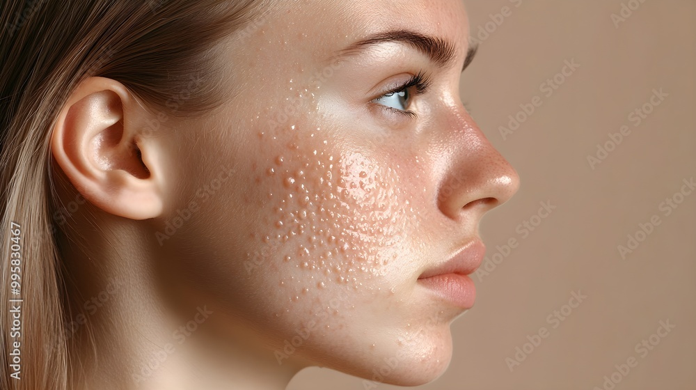 Acne scars diminishing over time, clinical setup with neutral background, side profile of patient's face, soft warm light, detailed skin texture, real-life transformation Acne scars diminishing over time, clinical setup with neutral background, side profile of patient's face, soft warm light, detailed skin texture, real-life transformation