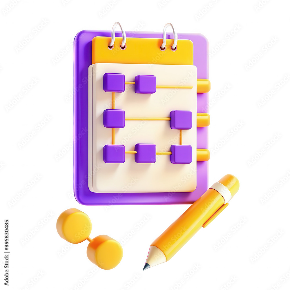 A vibrant 3D rendering of a notebook with sliders, blocks, and a yellow pen. Ideal for design or planning. A vibrant 3D rendering of a notebook with sliders, blocks, and a yellow pen. Ideal for design or planning.