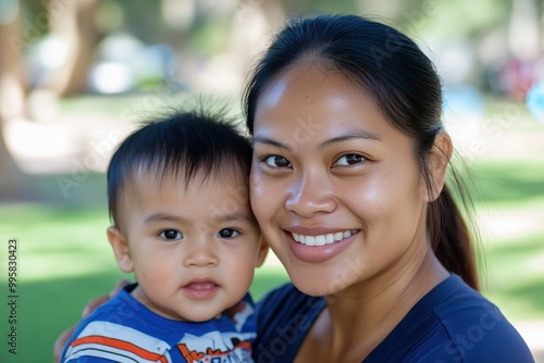 A woman is holding a baby and smiling