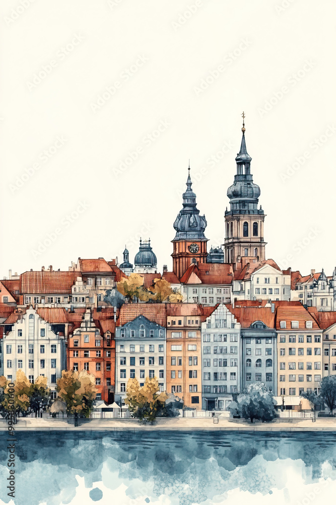 Obraz premium Riga, color pen pencil hand-drawn effect drawing illustration for travel poster, card, wallpaper, backdrop or banner. Modern, clear, artistic and simple
