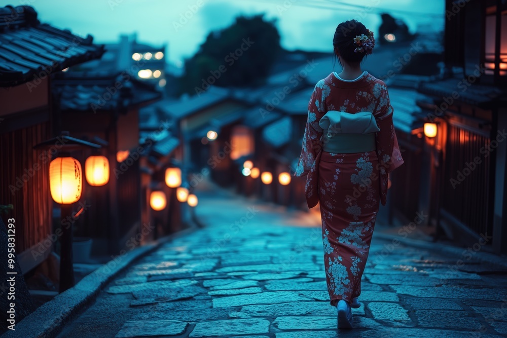 Obraz premium A woman in a red kimono walks down a street at night