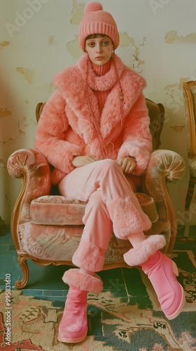 Editorial fashion photo of a model in a pink faux fur coat, seated in a vintage armchair