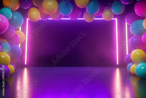 A lively retro 80s dance party scene filled with neon lights, colorful balloons, and an electrifying atmosphere, featuring empty space for text.  photo