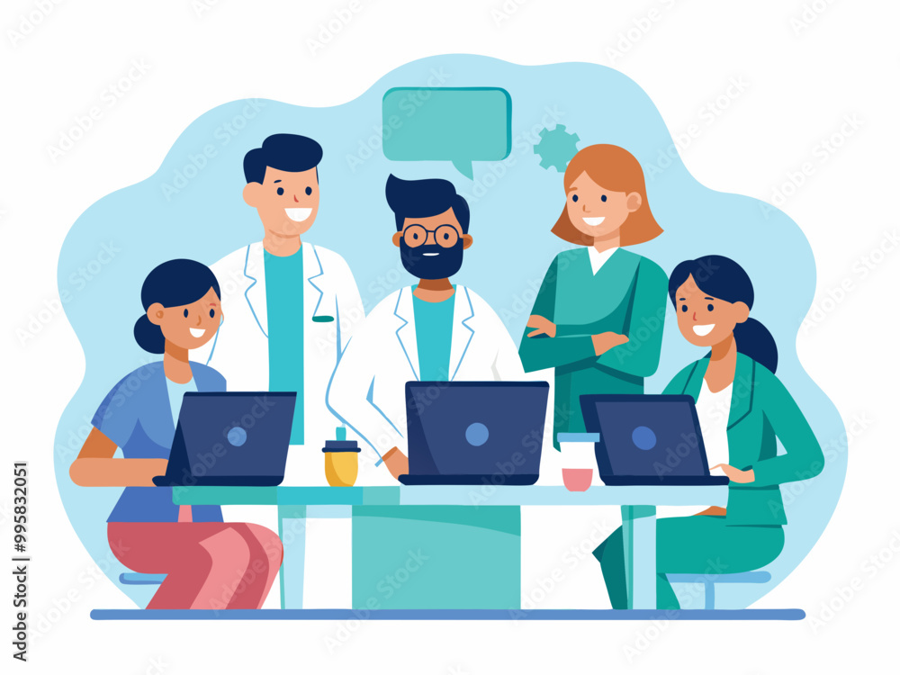 Doctor hospital team medical document health medicine healthcare meeting teamwork laptop computer technology clinic office modern flat design simple vector illustration isolated transparent background Doctor hospital team medical document health medicine healthcare meeting teamwork laptop computer technology clinic office modern flat design simple vector illustration isolated transparent background