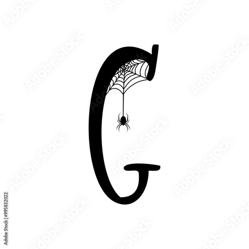Logo con letra inicial G con tela de araña y araña colgando para tarjetas y felicitaciones de Halloween