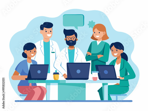 Doctor hospital team medical document health medicine healthcare meeting teamwork laptop computer technology clinic office modern flat design simple vector illustration isolated transparent background