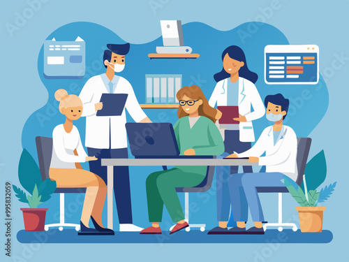 Doctor hospital team medical document health medicine healthcare meeting teamwork laptop computer technology clinic office modern flat design simple vector illustration isolated transparent background