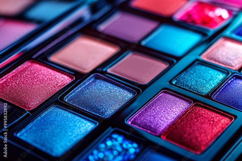 Large eyeshadow palette with shimmering blue red and purple shades arranged in a sleek black compact perfect for creating bold and glamorous beauty looks Large eyeshadow palette with shimmering blue red and purple shades arranged in a sleek black compact perfect for creating bold and glamorous beauty looks