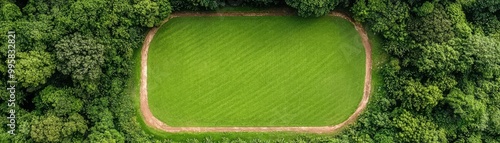 Aerial view of a baseball field surrounded by lush greenery, showcasing the diamond shape and fresh grass photo