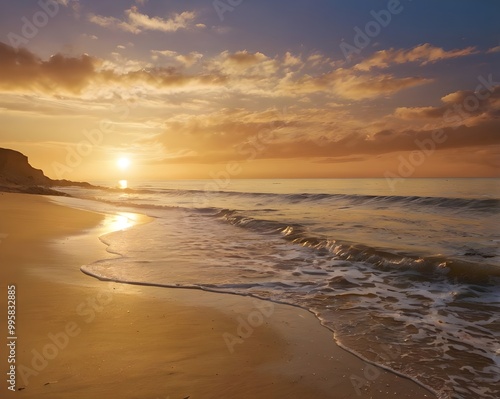 Wallpaper Mural A beautiful sunset over the ocean, with soft waves reaching the sandy shore and a warm golden glow in the sky.
 Torontodigital.ca