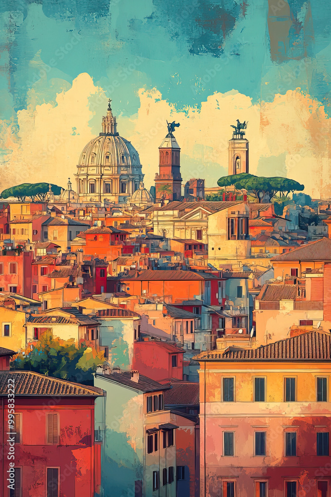 Fototapeta premium Rome, Italy, color pen pencil hand-drawn effect drawing illustration for travel poster, card, wallpaper, backdrop or banner. Modern, clear, artistic and simple