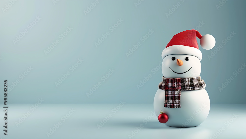 A snowman wearing a Santa hat and scarf, on a light blue background. A snowman wearing a Santa hat and scarf, on a light blue background.