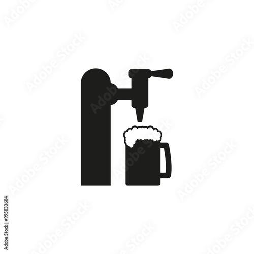 Beer pump with tap and handle. Pouring in beer mug. Vector illustration on white background.